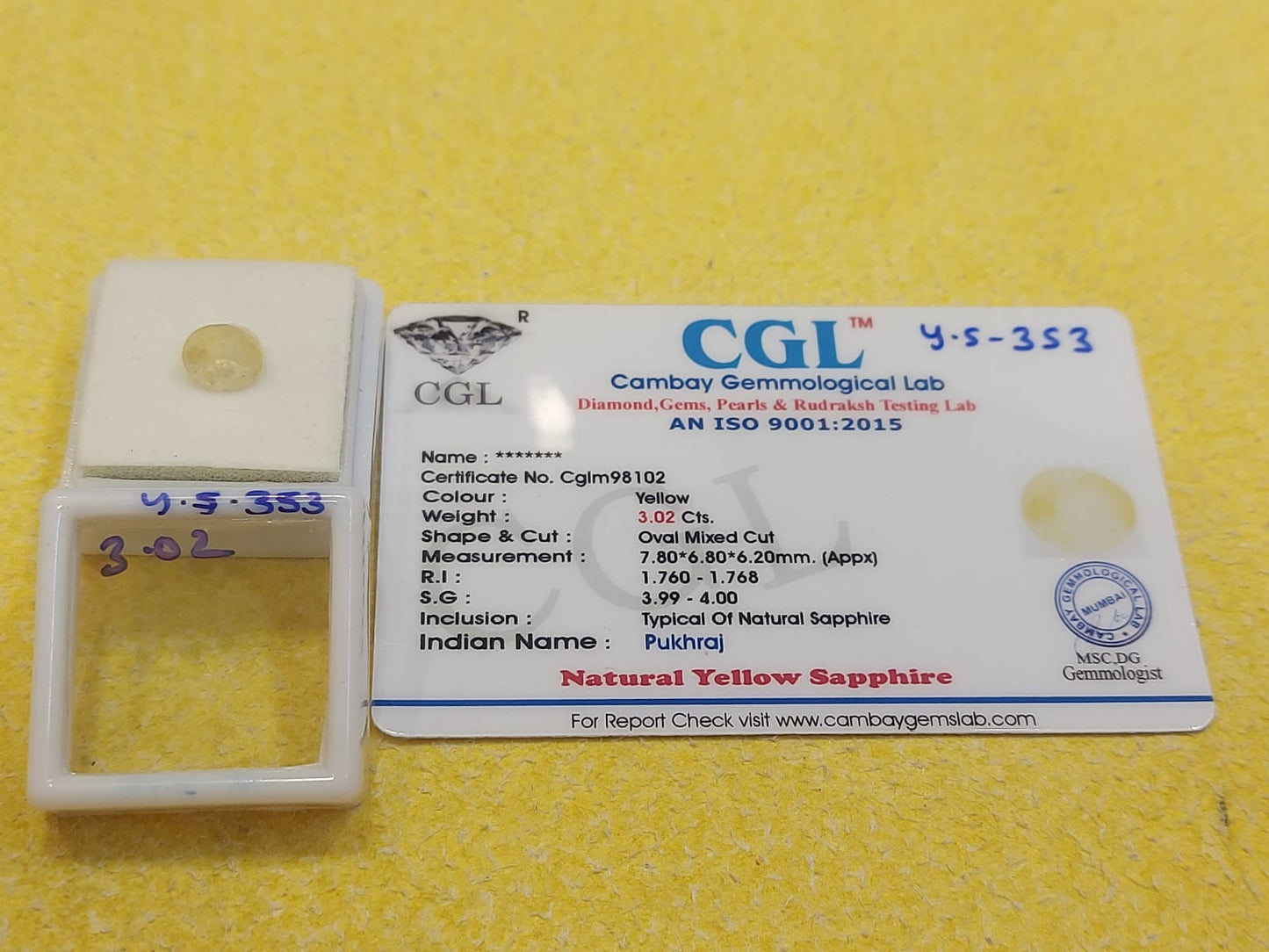 3.02 Y.S-353 Carat Natural Yellow Sapphire Stone