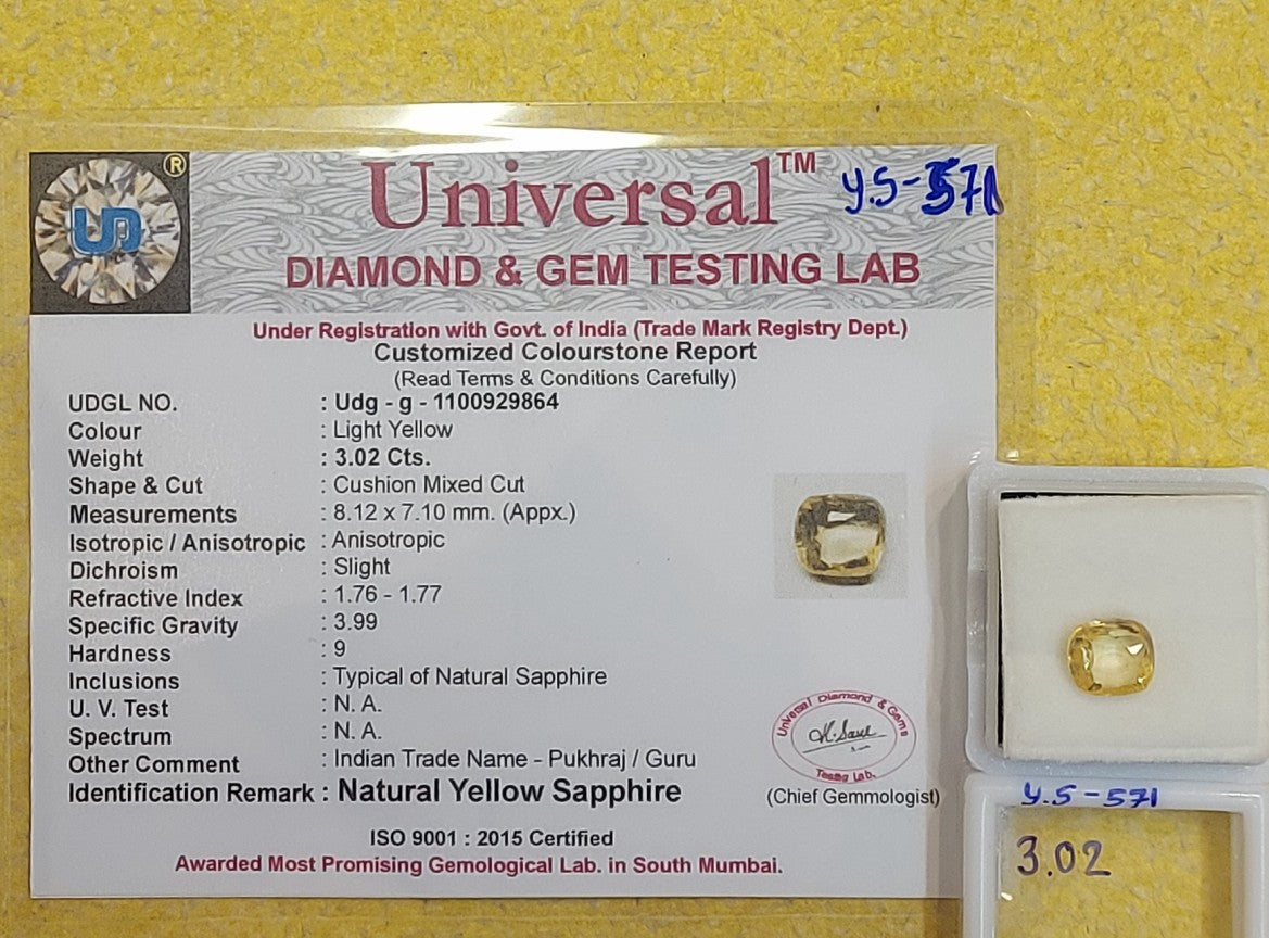 3.02 Carat Natural Yellow Sapphire Stone