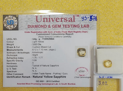 3.02 Carat Natural Yellow Sapphire Stone