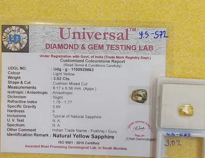 3.02 Carat Natural Yellow Sapphire Stone