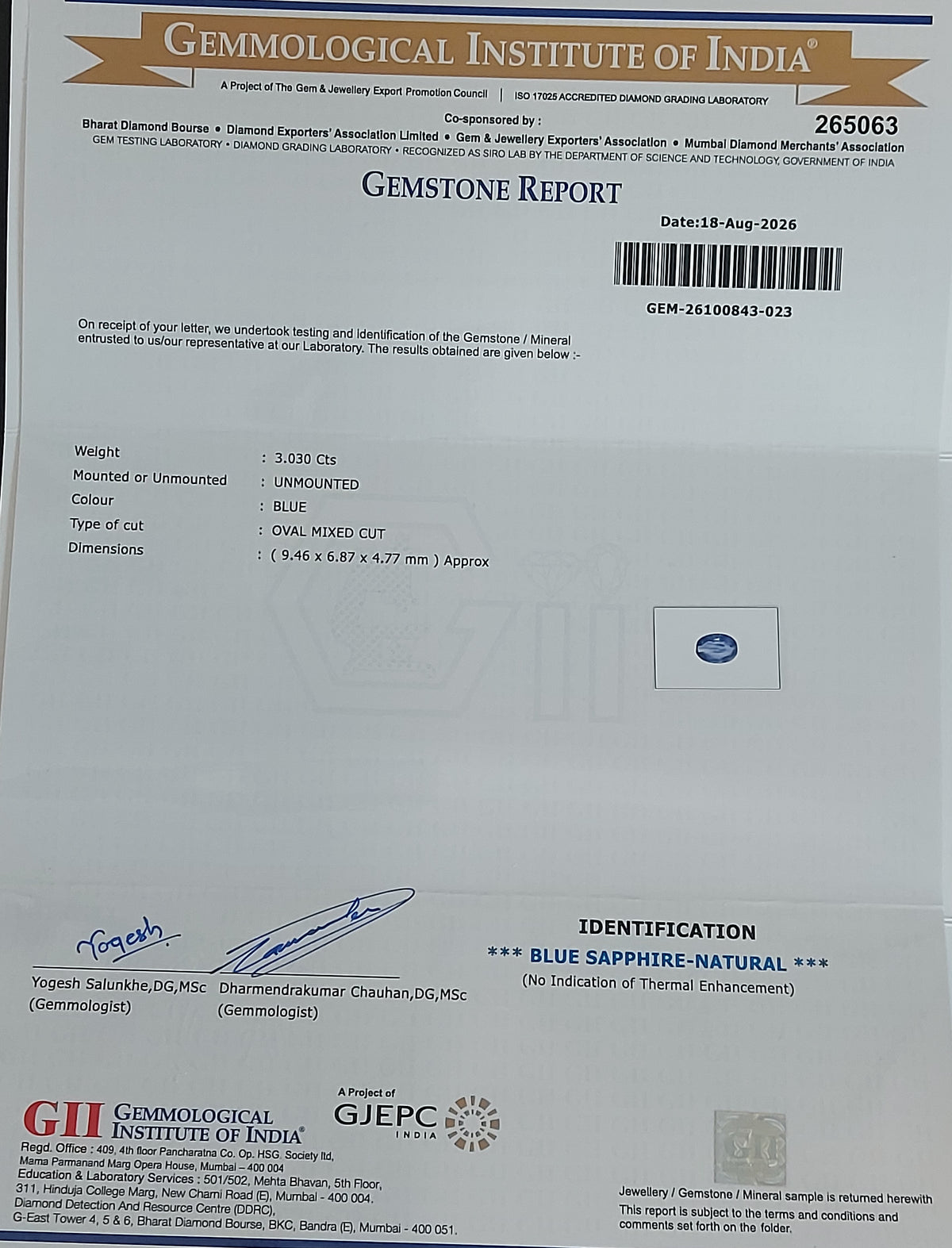 3.03 Carats GII Certified Natural Sri-Lankan Ceylon Blue Sapphire Gemstone