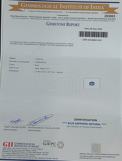 3.03 Carats GII Certified Natural Sri-Lankan Ceylon Blue Sapphire Gemstone