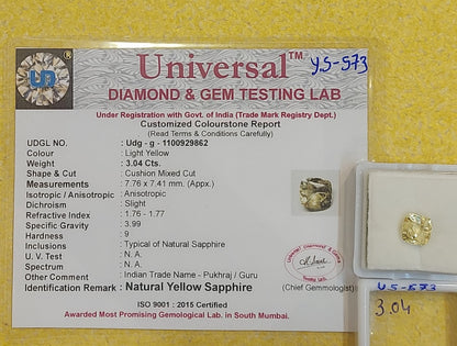 3.04 Carat Natural yellow Sapphire Stone