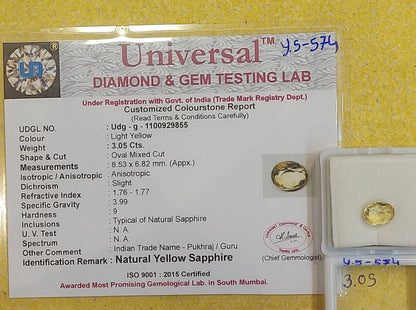 3.05 Carat Natural Yellow Sapphire Stone