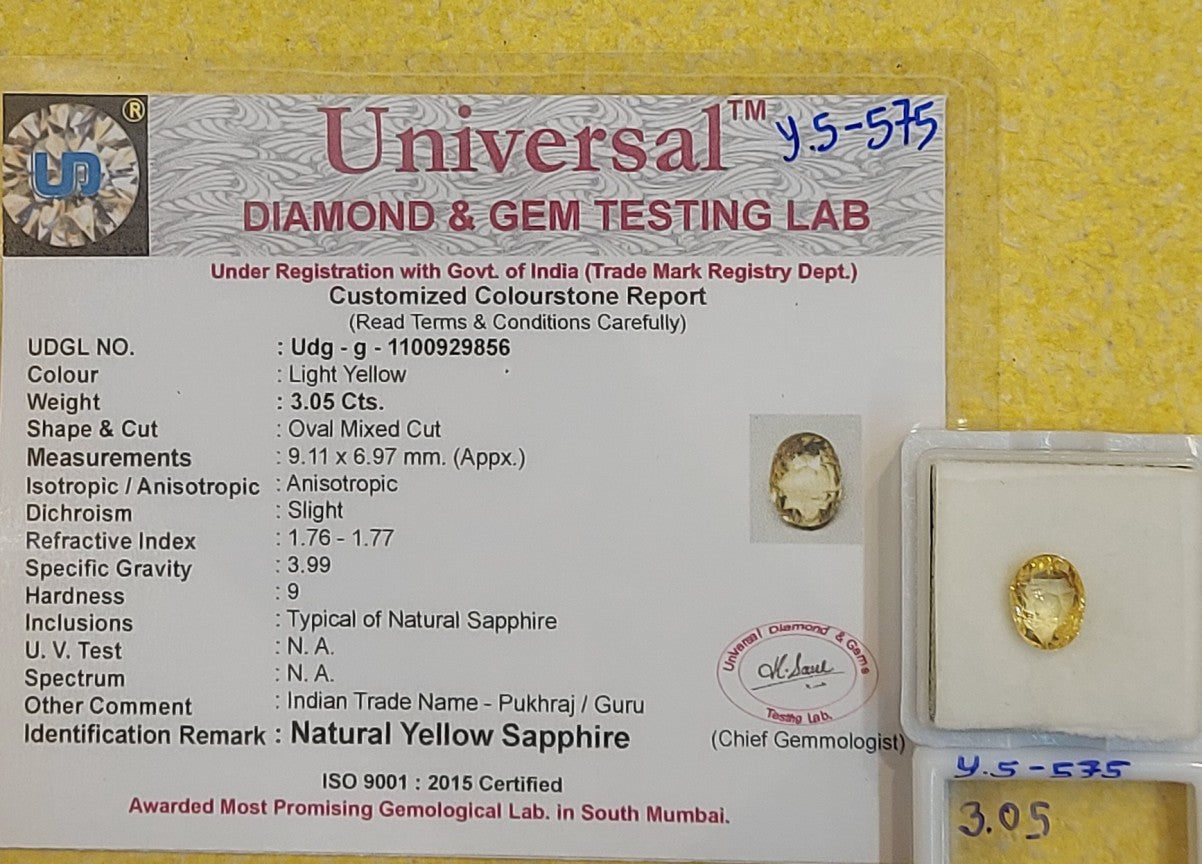 3.05 Carat Natural yellow Sapphire Stone