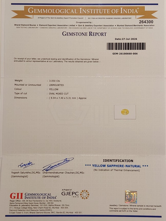 3.05 Carats GII Certified Natural Sri-Lankan Ceylon Yellow Sapphire Gemstone