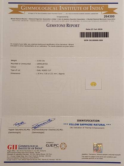 3.05 Carats GII Certified Natural Sri-Lankan Ceylon Yellow Sapphire Gemstone
