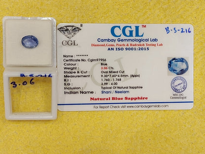 3.06 Carat Natural Blue Sapphire Stone