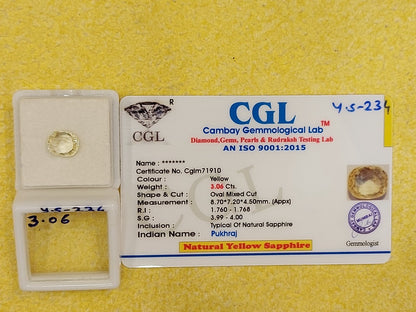 3.06 Y.S-234 Carat Natural Yellow Sapphire Stone