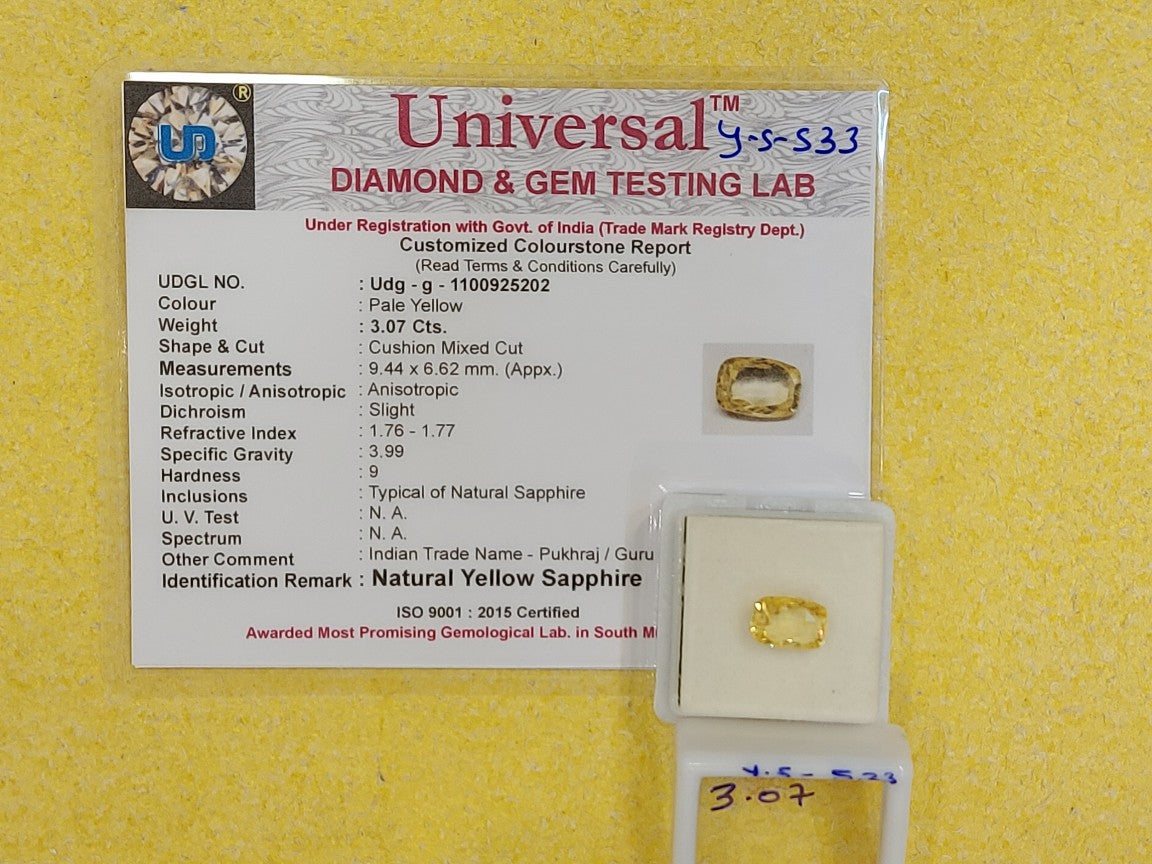 3.07 Carat Natural Yellow Sapphire Stone