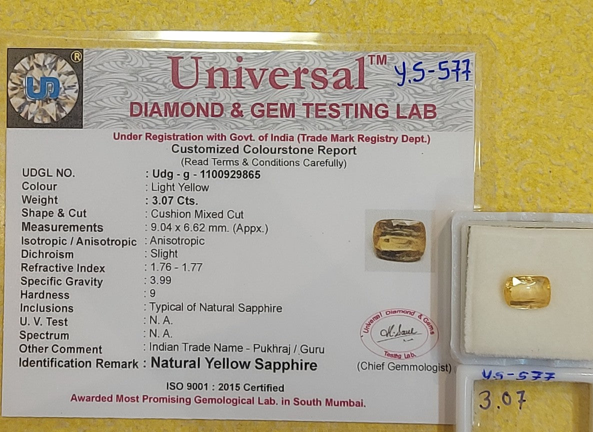 3.07 Carat Natural Yellow Sapphire Stone