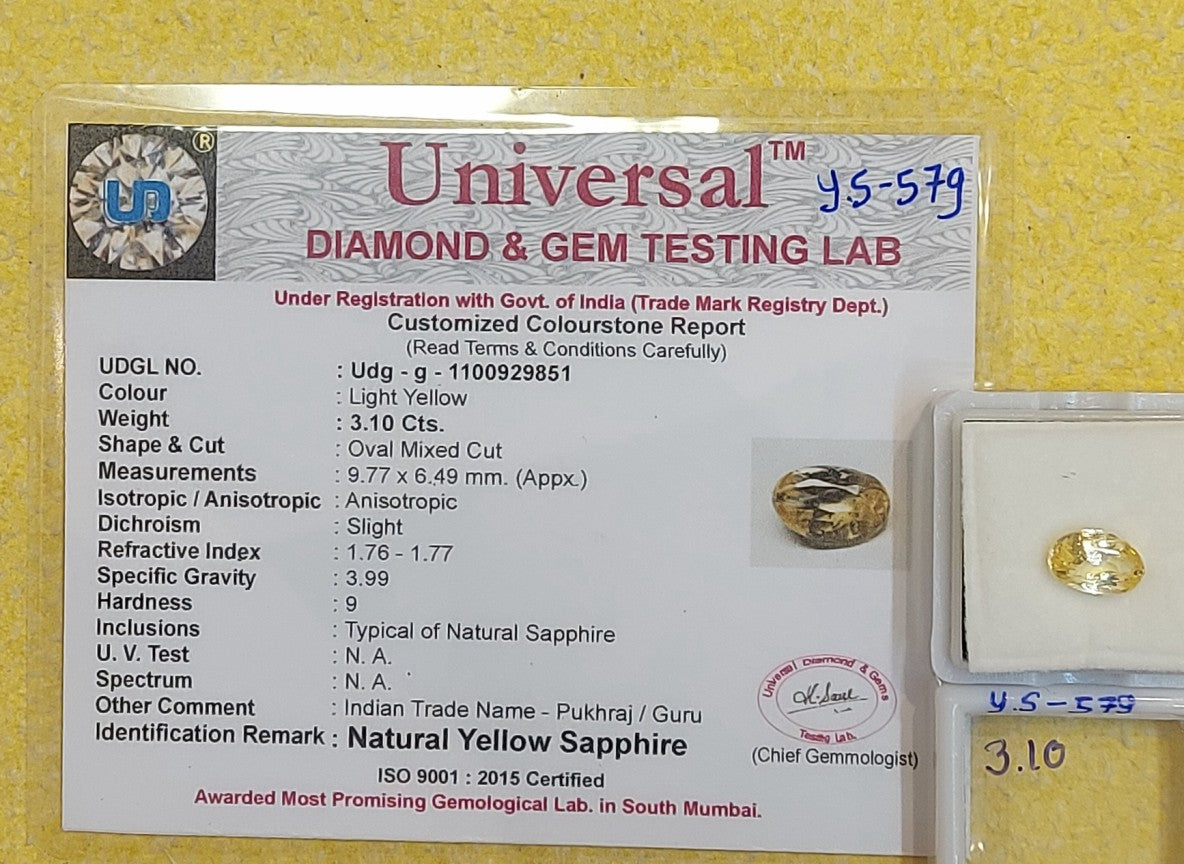3.10 carat Natural Yellow Sapphire Stone