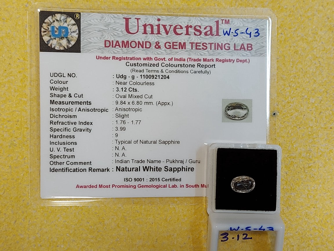 3.12 Carat Natural White Sapphite Stone