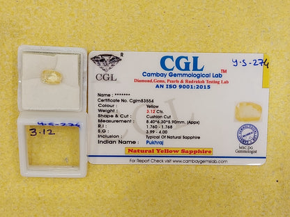 3.12 Carat Natural Yellow Sapphire Stone