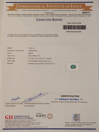 3.19 Carats GII Certified Natural Zambian Emerald Gemstone