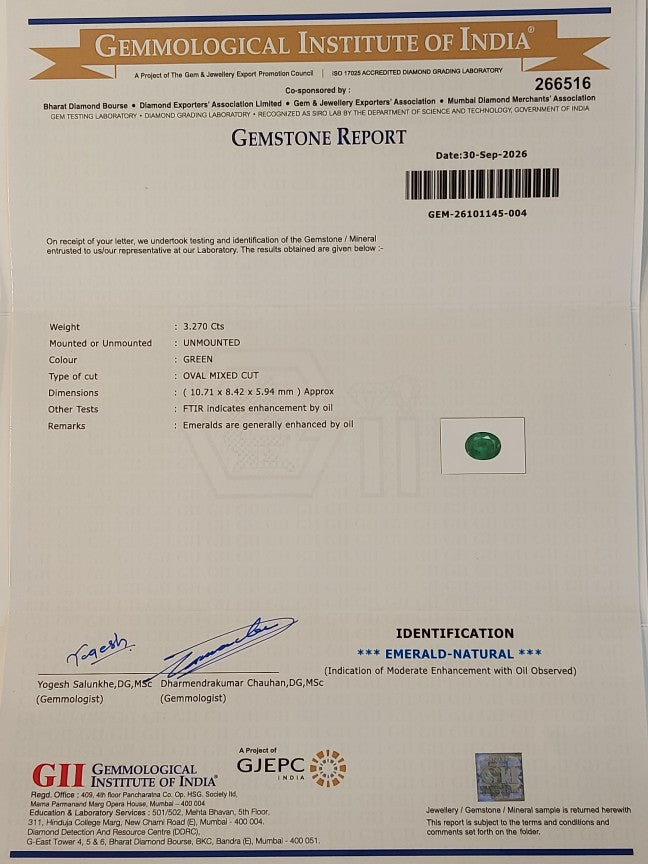 3.27 Carats GII Certified Natural Zambian Emerald Gemstone