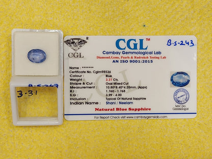 B.S-243 3.31 Carat Natural Blue Sapphire Stone
