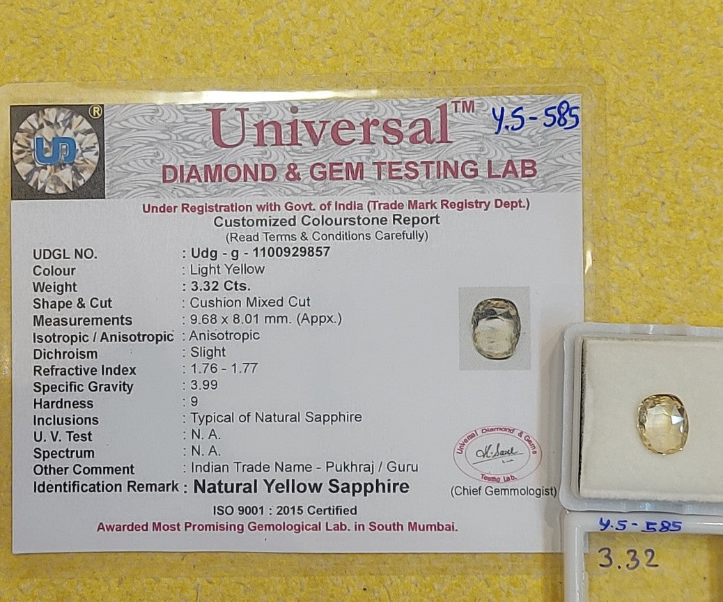 3.32 Carat Natural Yellow Sapphire Stone