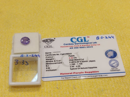 B.S-244  3.33 Carat Natural Blue Sapphire Stone