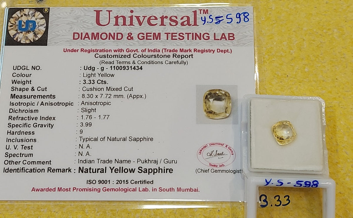 3.33 Carats Natural Sri-Lankan Ceylon Yellow Sapphire Gemstone