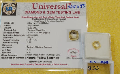 3.33 Carats Natural Sri-Lankan Ceylon Yellow Sapphire Gemstone