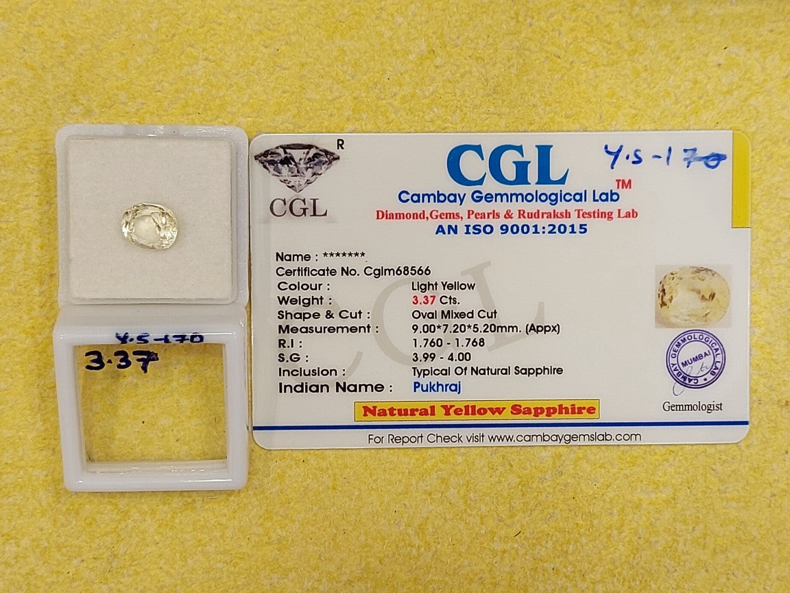 3.37 Carat Natural Yellow Sapphire Stone