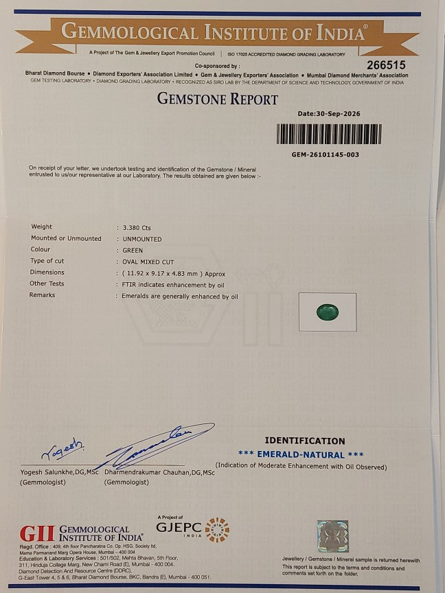 3.38 Carats GII Certified Natural Zambian Emerald Gemstone