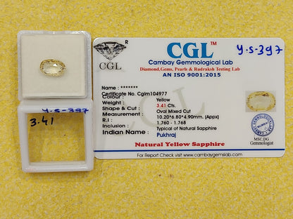 3.41 Carat Natural Yellow Sapphire Stone