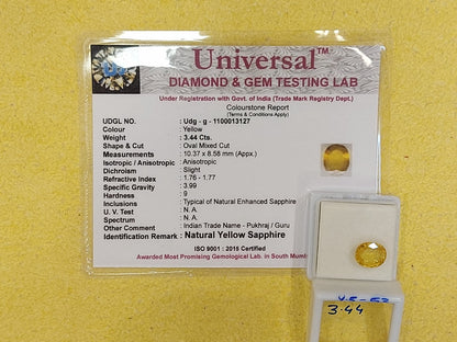 3.44 Carat Natural Yellow Sapphire Stone