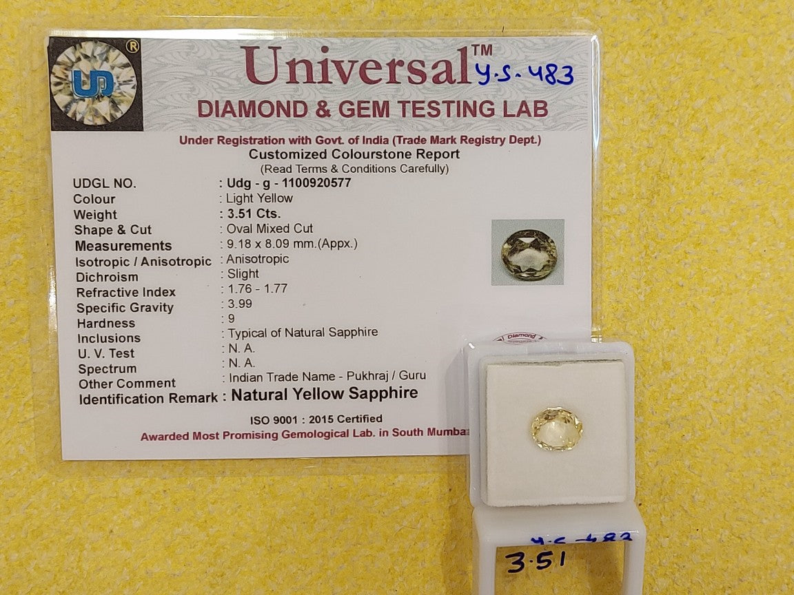 3.51 Carat Natural Yellow Sapphire Stone