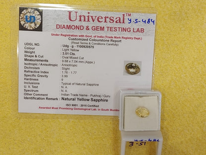 3.51 Carat Natural Yellow Sapphire Stone