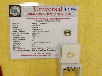 3.52 Carat Natural Yellow Sapphire Stone