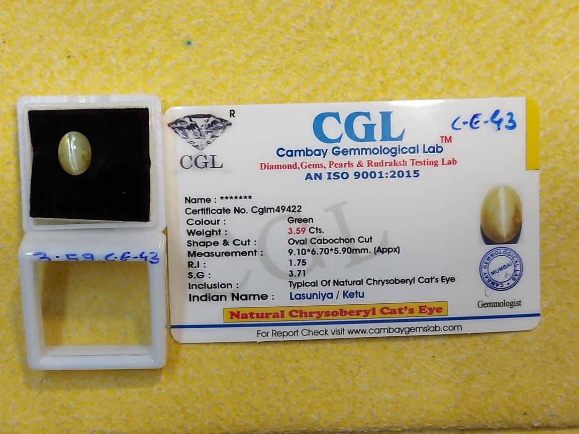 3.59 Carat Natural Chrysoberyl Cats Eye Stone