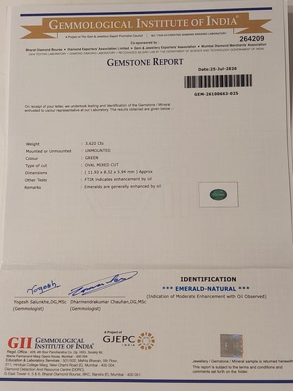 3.62 Carats GII Certified Natural Zambian Emerald Gemstone