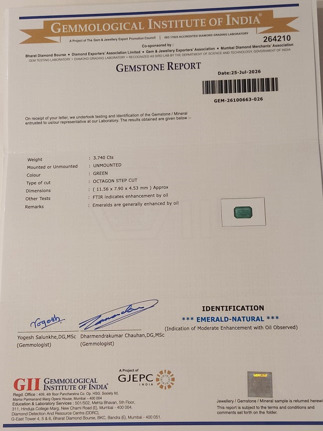 3.74 Carats GII Certified Natural Zambian Emerald Gemstone