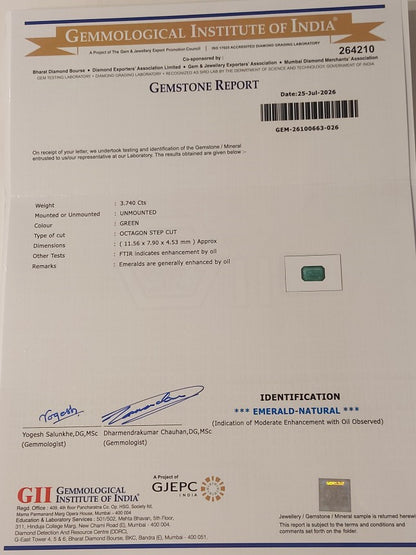 3.74 Carats GII Certified Natural Zambian Emerald Gemstone