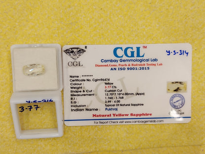 3.77 Carat Natural Yellow Sapphire Stone