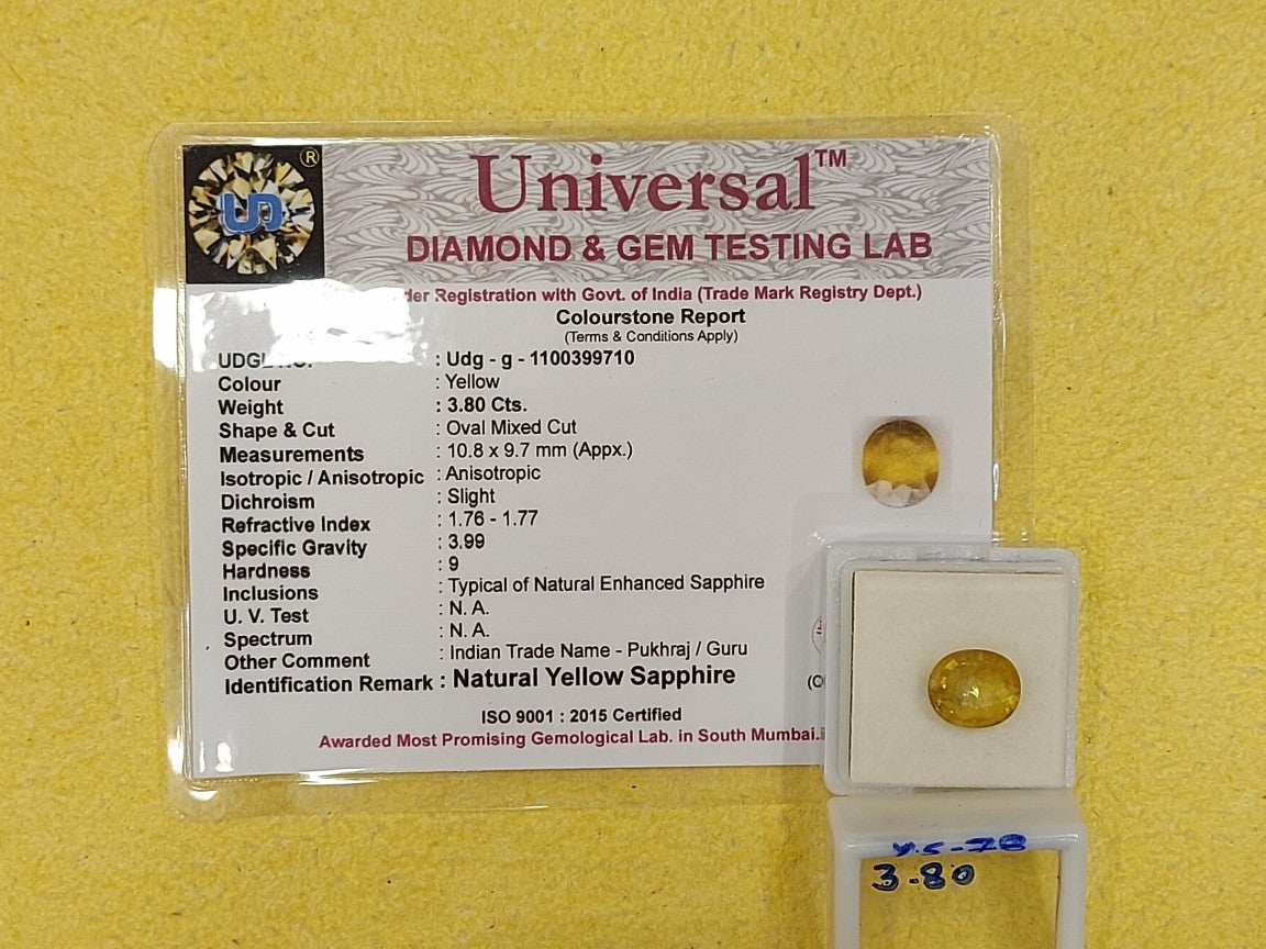 3.80 Carat Natural Yellow Sapphire Stone