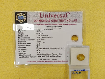 3.80 Carat Natural Yellow Sapphire Stone