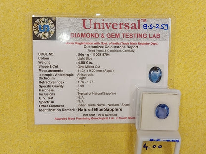 4.00 Carat Natural Blue Sapphirte Stone