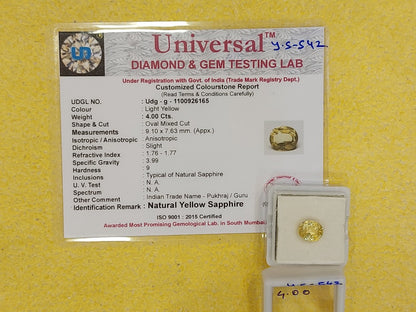 4.00 Carat Natural Yellow Sapphire Stone