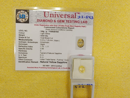 4.02 Carat Natural Yellow Sapphire Stone