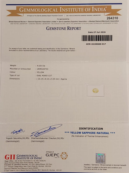 4.02 Carats GII Certified Natural Sri-Lankan Ceylon Yellow Sapphire Gemstone