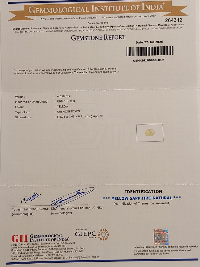 4.05 Carats GII Certified Natural Sri-Lankan Ceylon Yellow Sapphire Gemstone