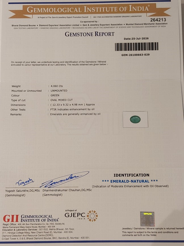 4.06 Carats GII Certified Natural Zambian Emerald Gemstone