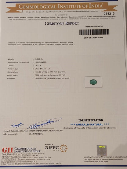 4.06 Carats GII Certified Natural Zambian Emerald Gemstone