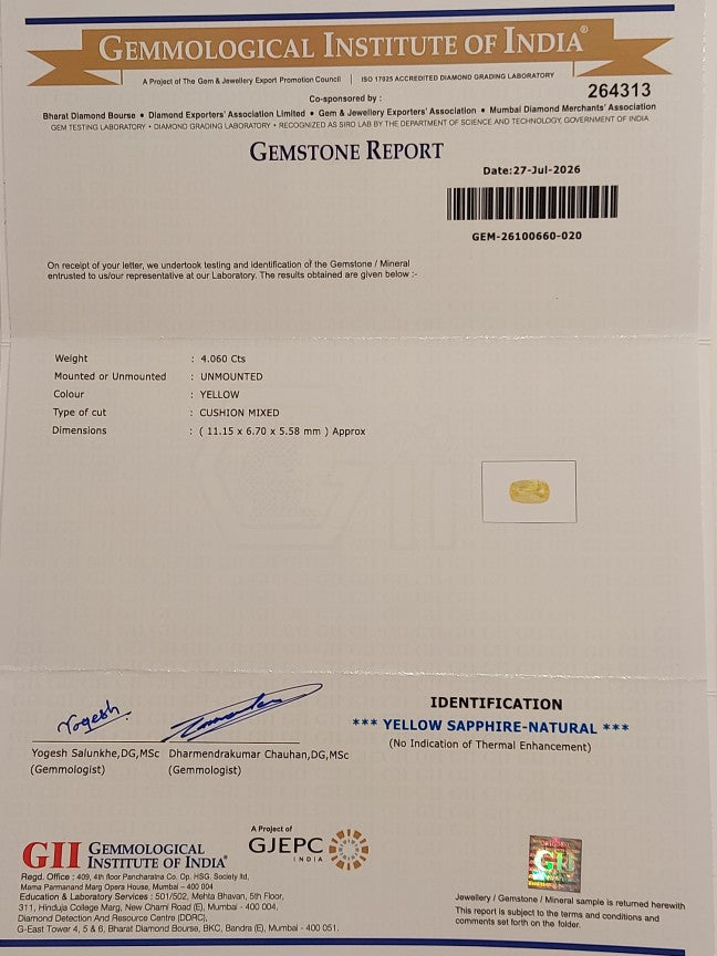 4.06 Carats GII Certified Natural Sri-Lankan Ceylon Yellow Sapphire Gemstone