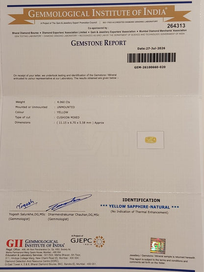 4.06 Carats GII Certified Natural Sri-Lankan Ceylon Yellow Sapphire Gemstone