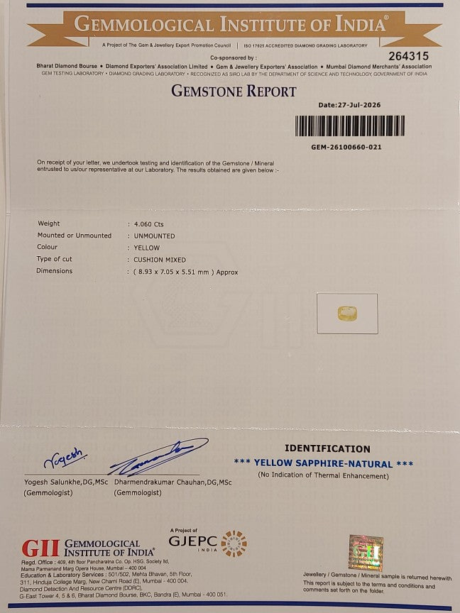 4.06 Carats GII Certified Natural Sri-Lankan Ceylon Yellow Sapphire Gemstone