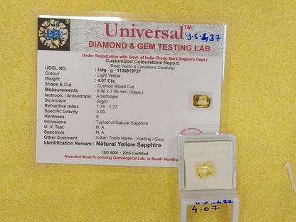 4.07 Carat Natural Yellow Sapphire Stone
